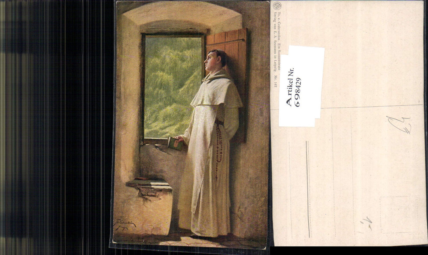 698429 Künstler AK Th. v. Cederström Sonnenstrahl Mönch Bibel Buch Fenster