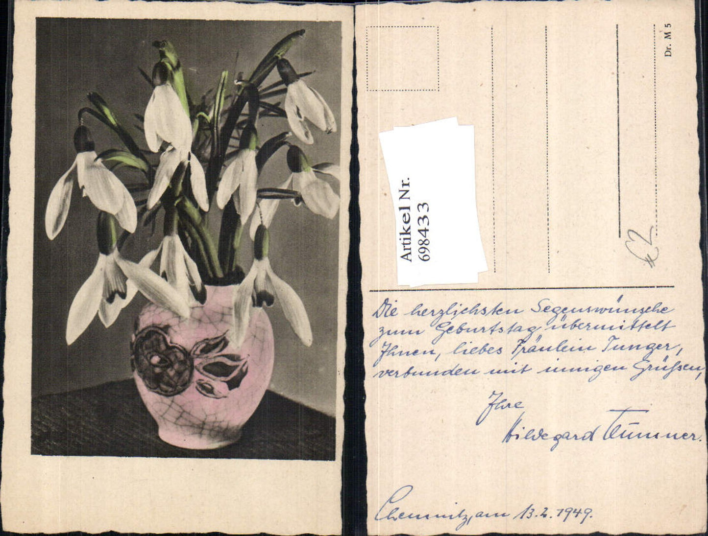 698433 Artist AK Flowers in Vase Chemnitz 1949