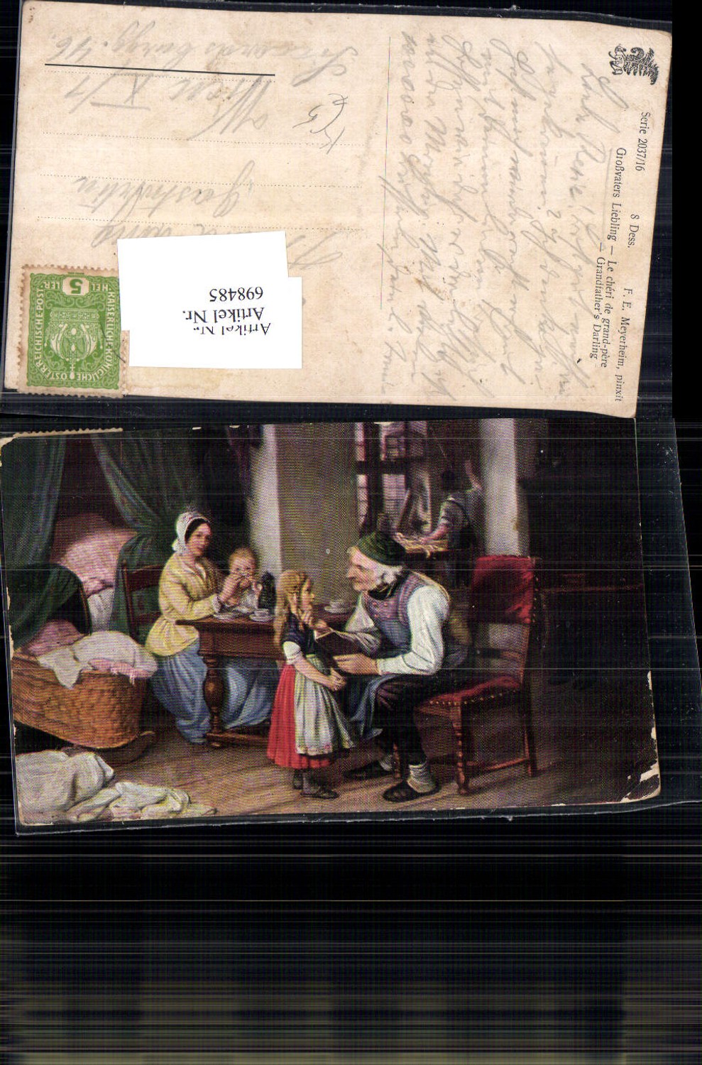 698485 Künstler AK F.E. Meyerheim Großvaters Liebling Mädchen Wiege