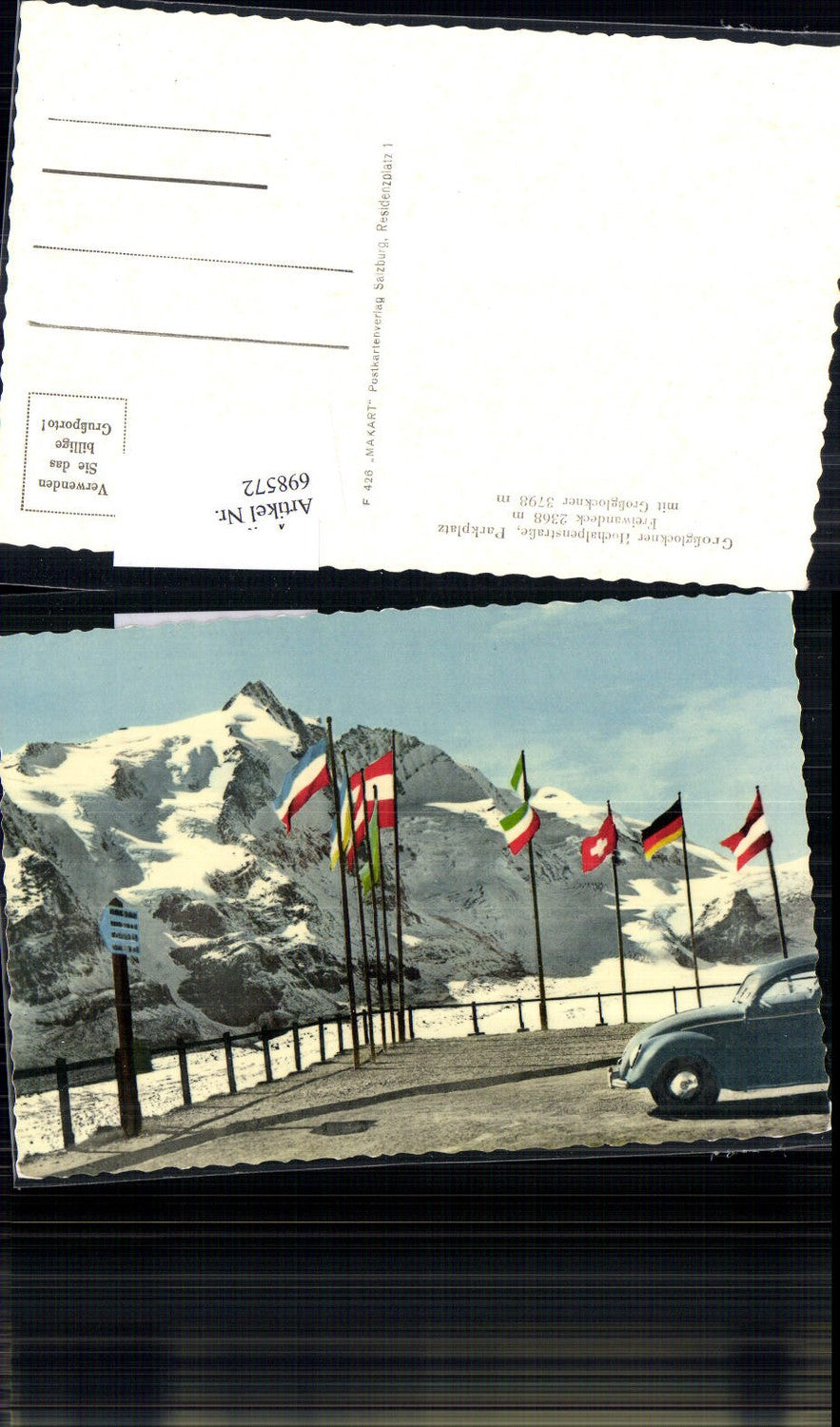 698572 Großglockner Hochalpenstraße VW Käfer Freiwandeck Parkplatz Fahnen