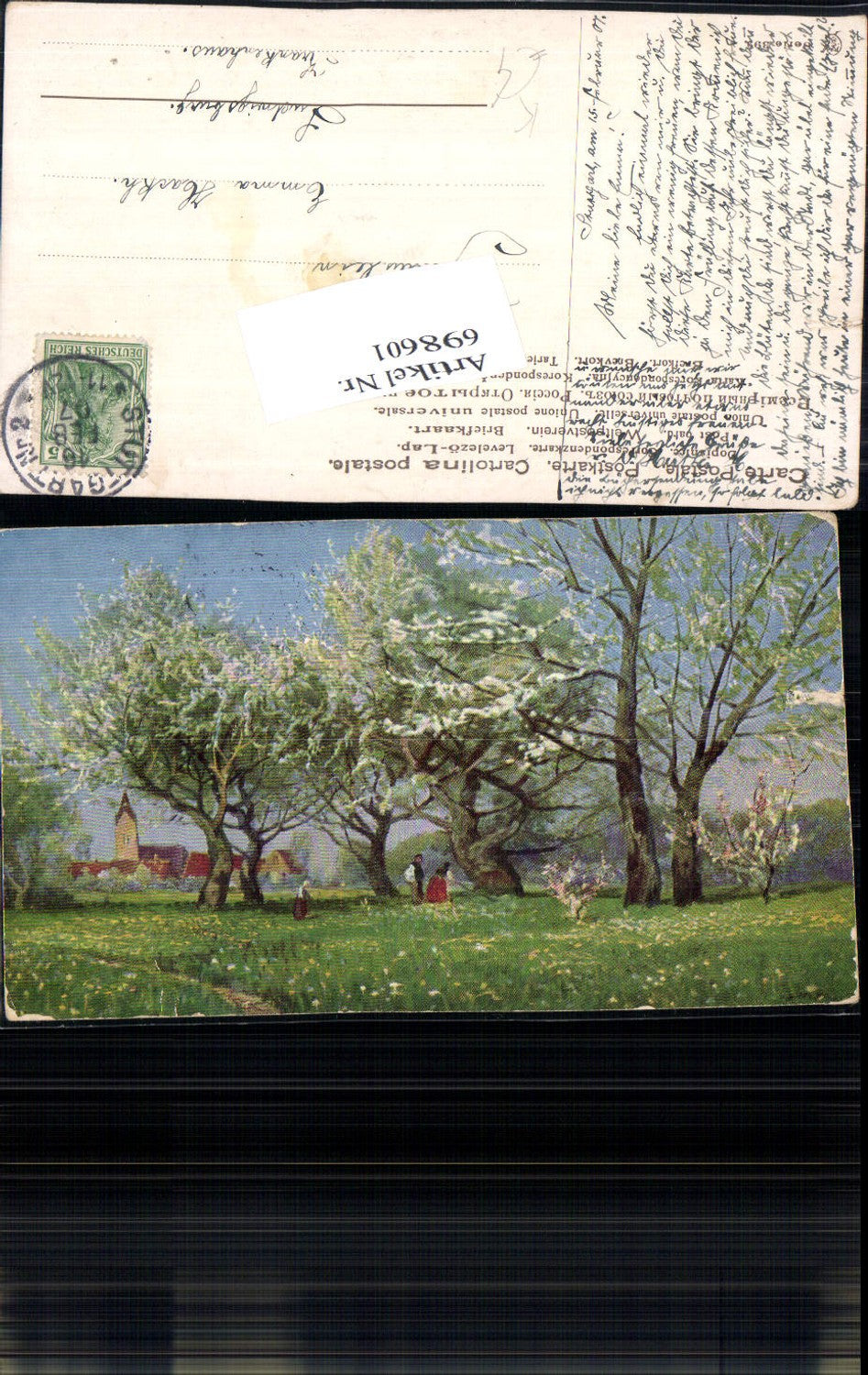 698601 Künstler AK Dorf Wiese Bäume Frühling gel Ludwigsburg Krankenhaus