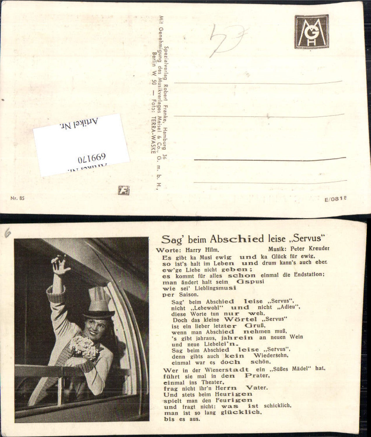 699170 Musik Liedkarte Sag beim Abschied leise Servus Harry Hilm Peter Kreuder
