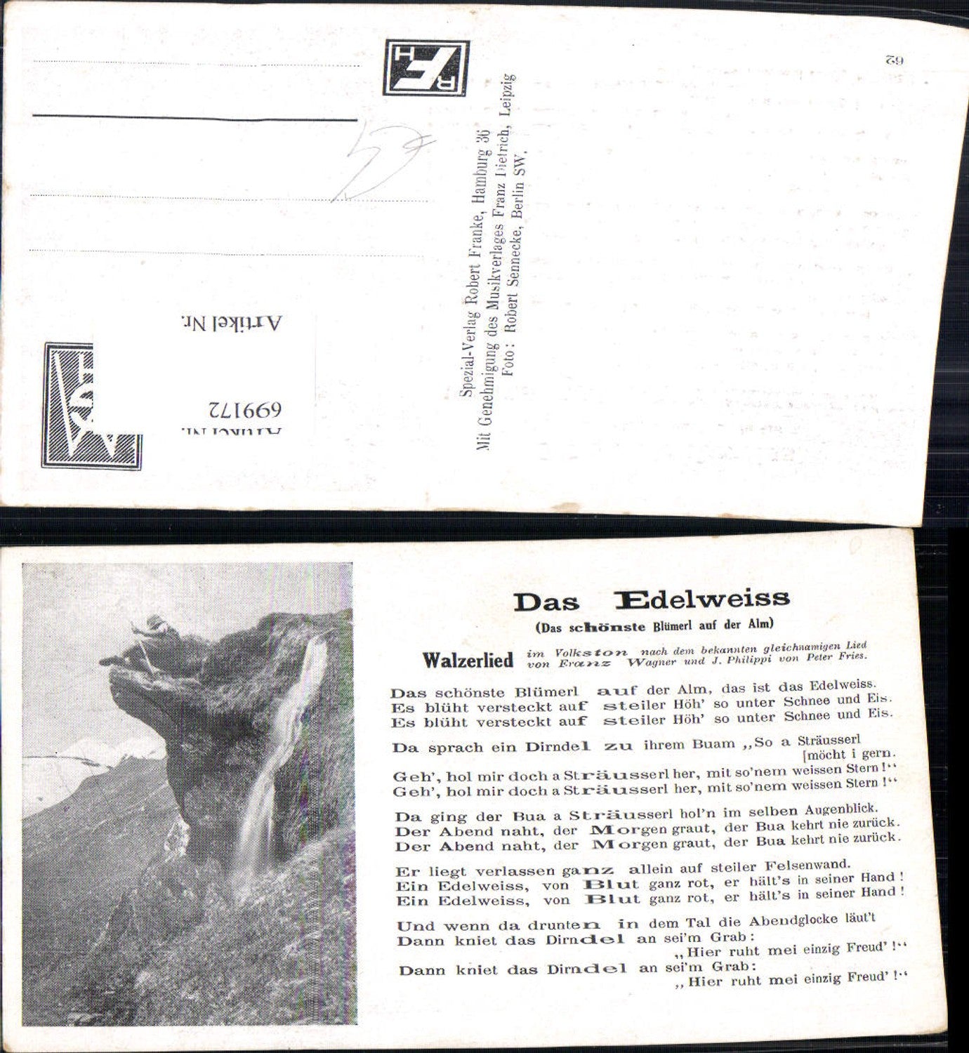 699172 Musik Liedkarte Lied-AK Das Edelweiss Walzerlied Franz Wagner J. Philippi Peter Fries