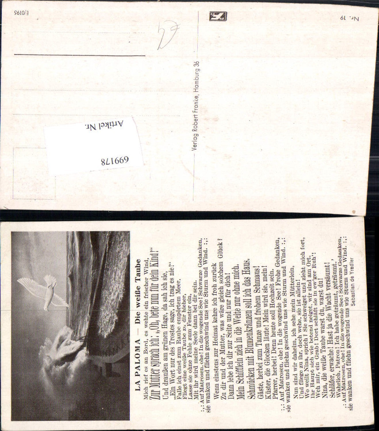 699178 Music Song Card Song-AK La Paloma The White Dove