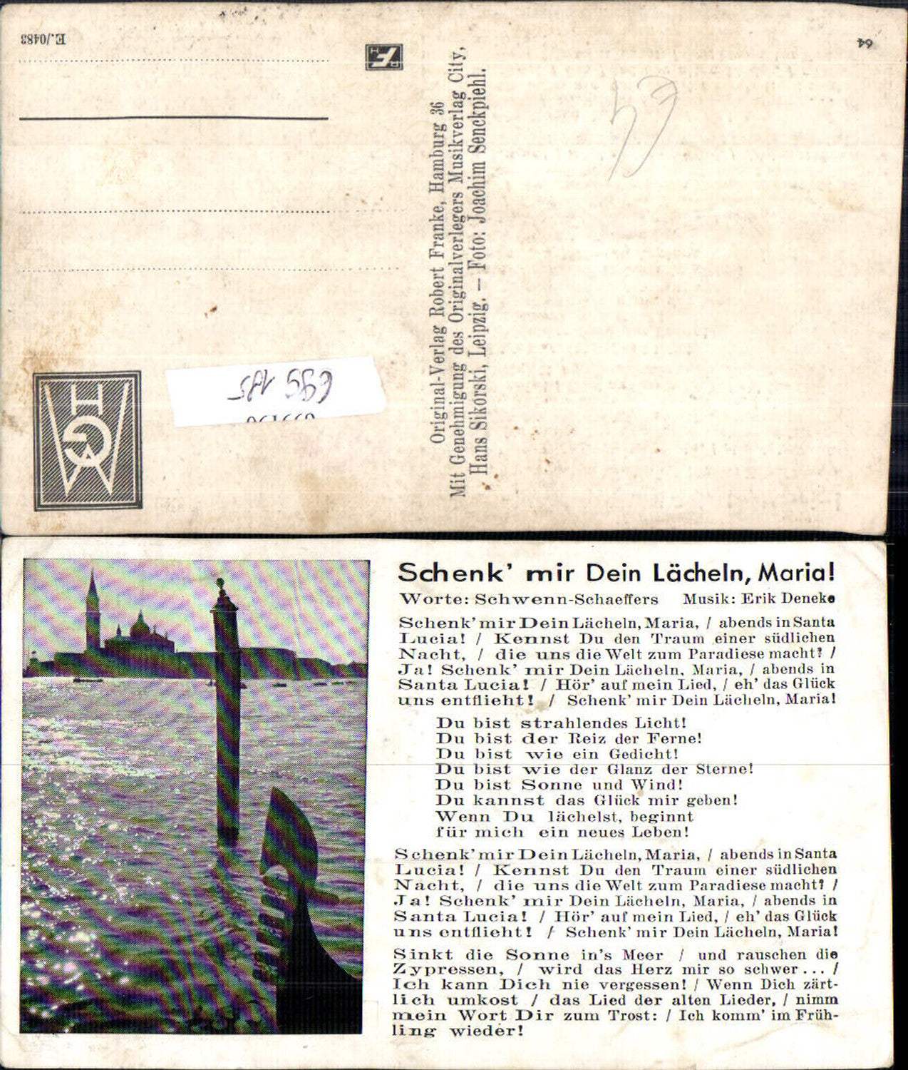 699185 Musik Liedkarte Lied-AK Schenk mir dein Lächeln Maria Erik Deneke
