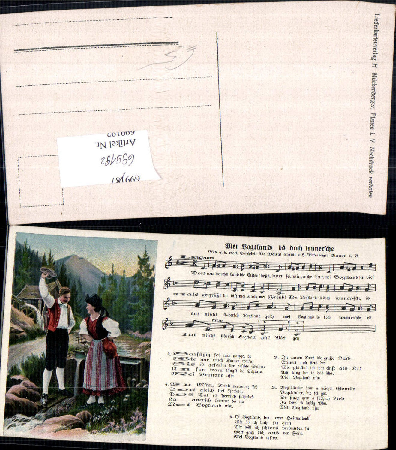 699192 Musik Liedkarte Lied-AK H. Mückenberger Plauen Vogtland Mei Vogtland is wundersche