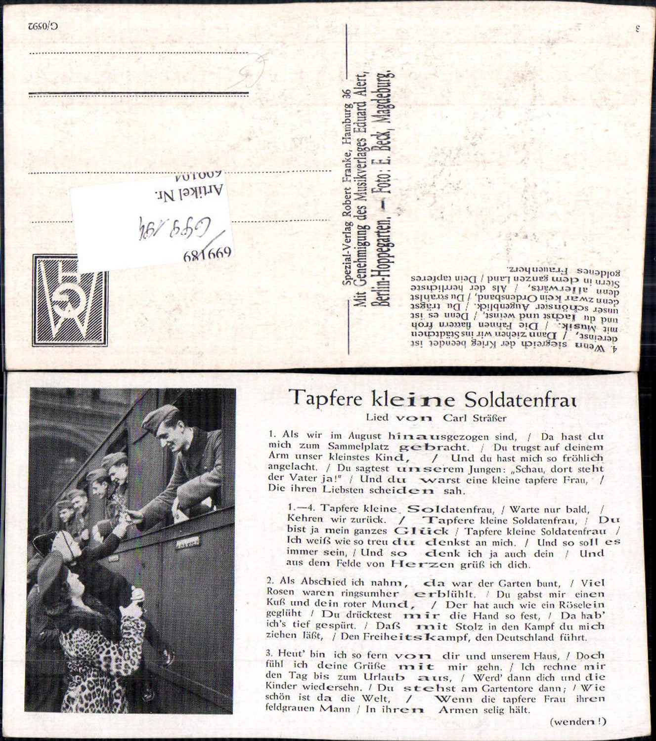 699194 Musik Liedkarte Lied-AK Tapfere kleine Soldatenfrau Wehrmacht Soldaten Carl Sträßler