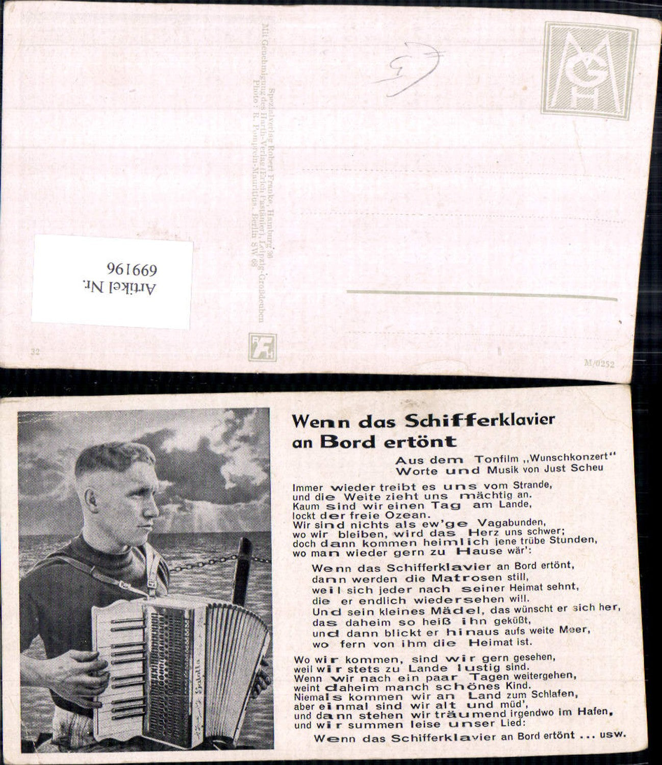699196 Musik Liedkarte Lied-AK Kriegsmarine Wenn das Schifferklavier an Bord ertönt Just Scheu