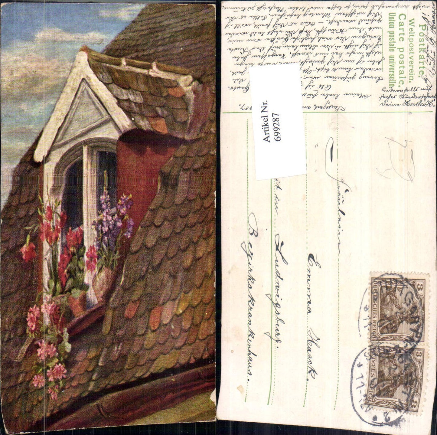 699287 Künstler AK Haus Dach Blumen Mohnblumen Mohn