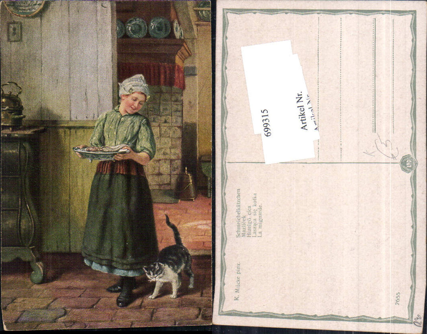 699315 Künstler AK K. Mücke Schmeichelkätzchen Katze Frau Interieur