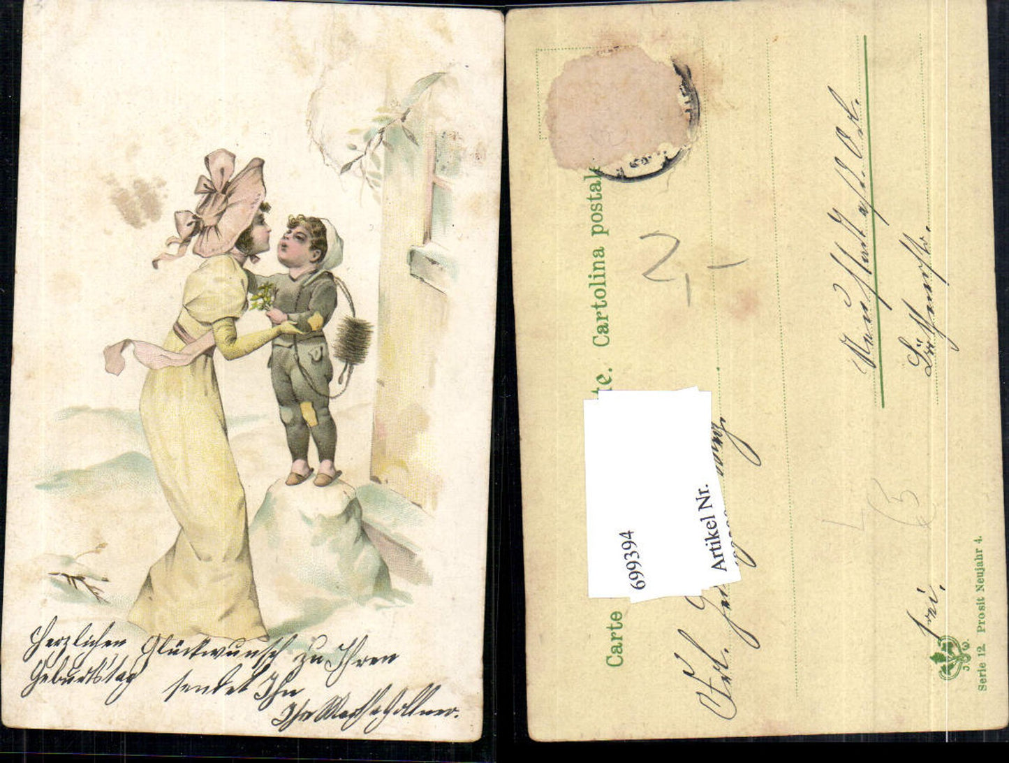 699394 Lithographie Frau Jugendstil Junge als Rauchfangkehrer Schornsteinfeger