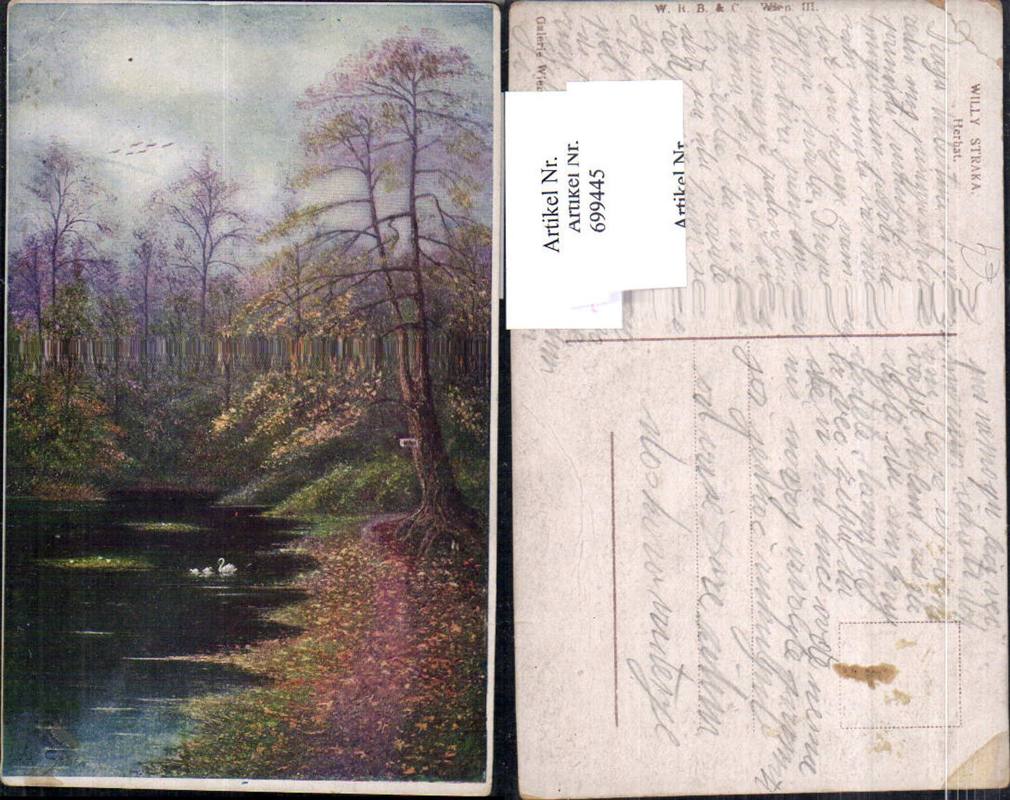 699445 Künstler AK Willy Straka Herbst See Teich Bäume Wald
