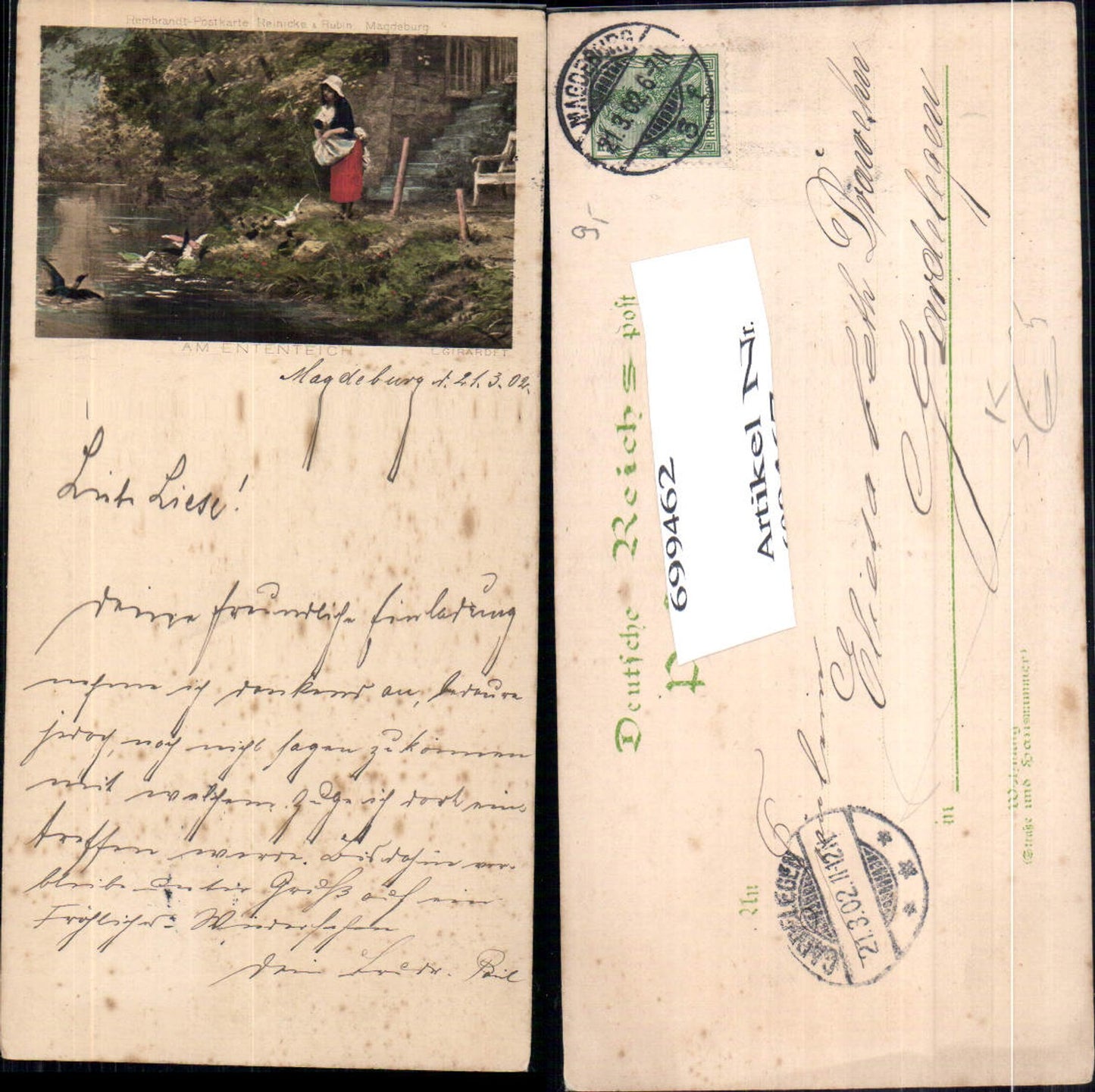 699462 Künstler AK L. Giradet Am Ententeich Enten Frau pub Reinicke & Rubin Rembrandt Karte