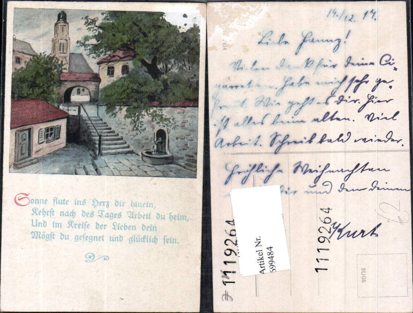 699484 Künstler AK Dorf Stiege Brunnen Kirche Spruch