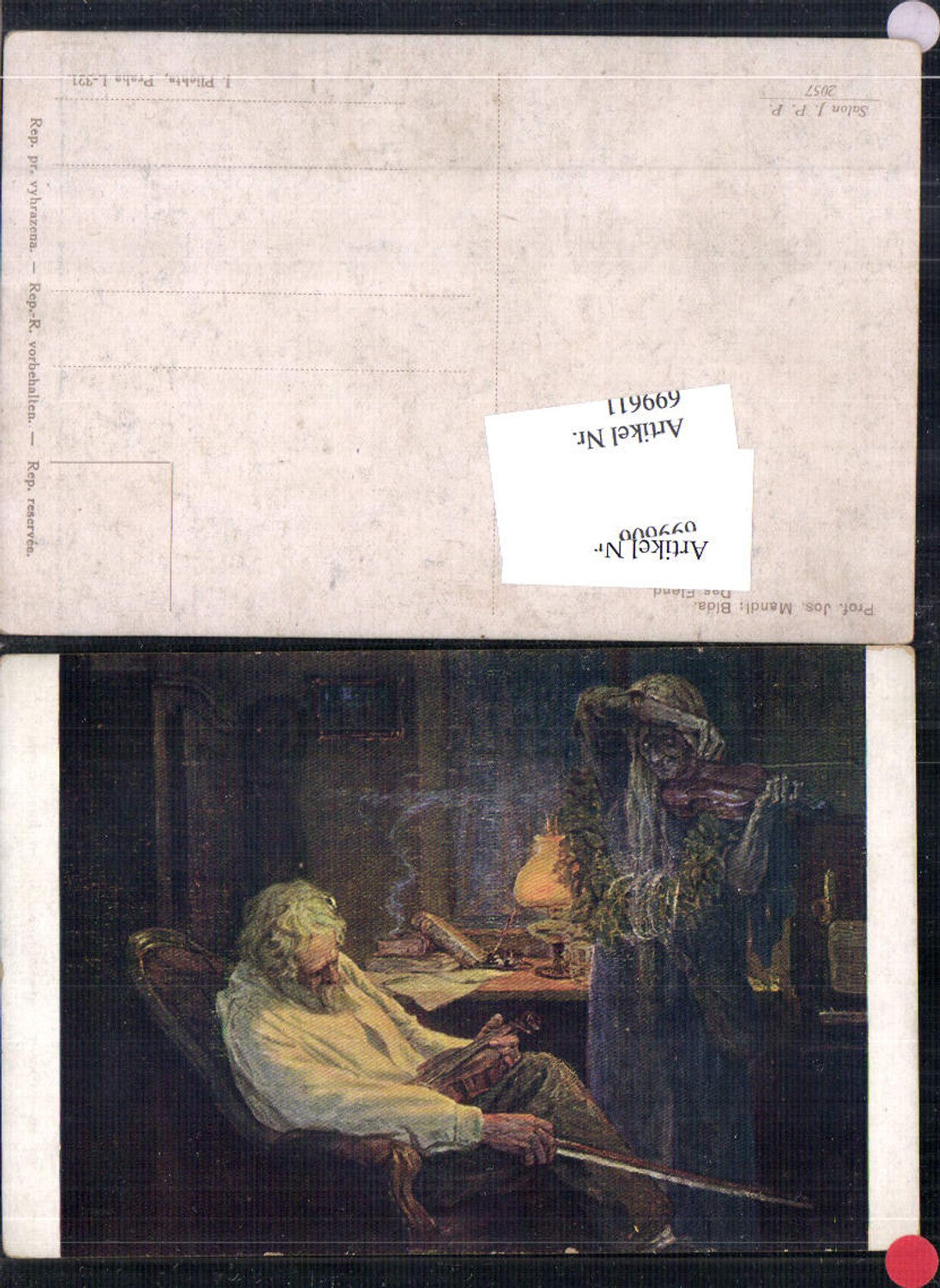 699611 Künstler AK Prof. Josef Mandl Das Elend Geige Lampe Tod Tischlampe Sensenmann