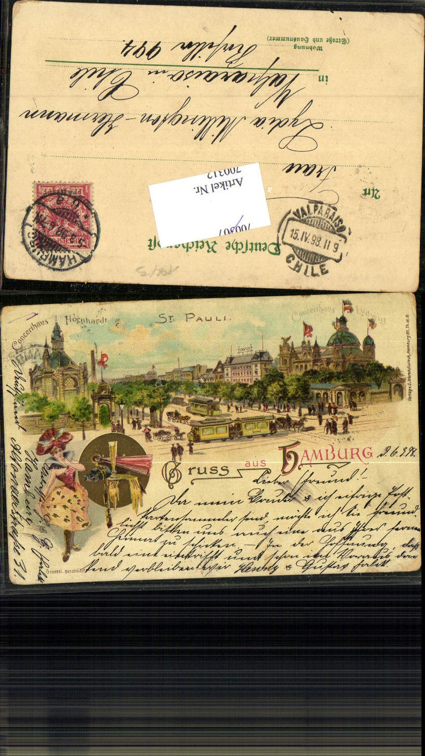 Lithographie Hamburg St. Pauli Concerthaus Hornhardt & Ludwig gel Valparaiso Chile