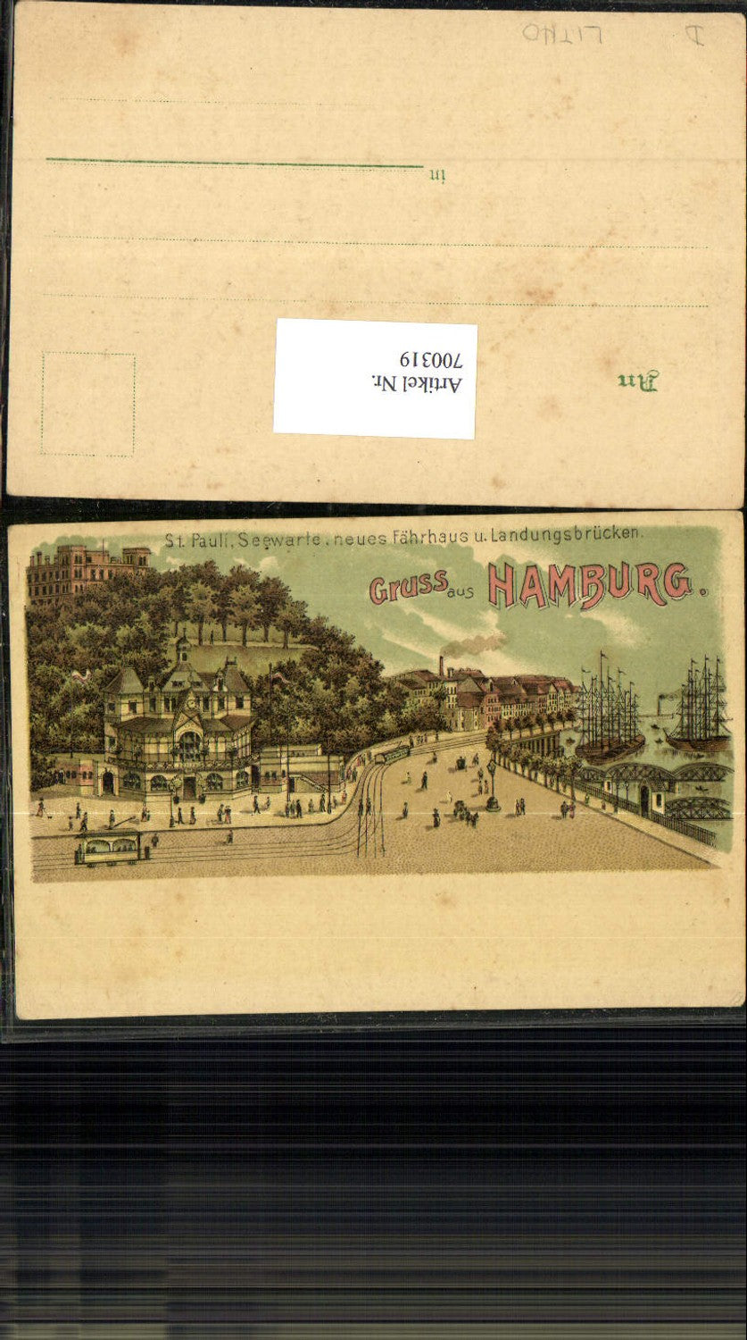 700319 Lithographie Hamburg St. Pauli Seewarte Fährhaus Landungsbrücken