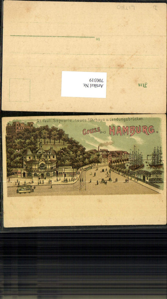 700319 Lithographie Hamburg St. Pauli Seewarte Fährhaus Landungsbrücken