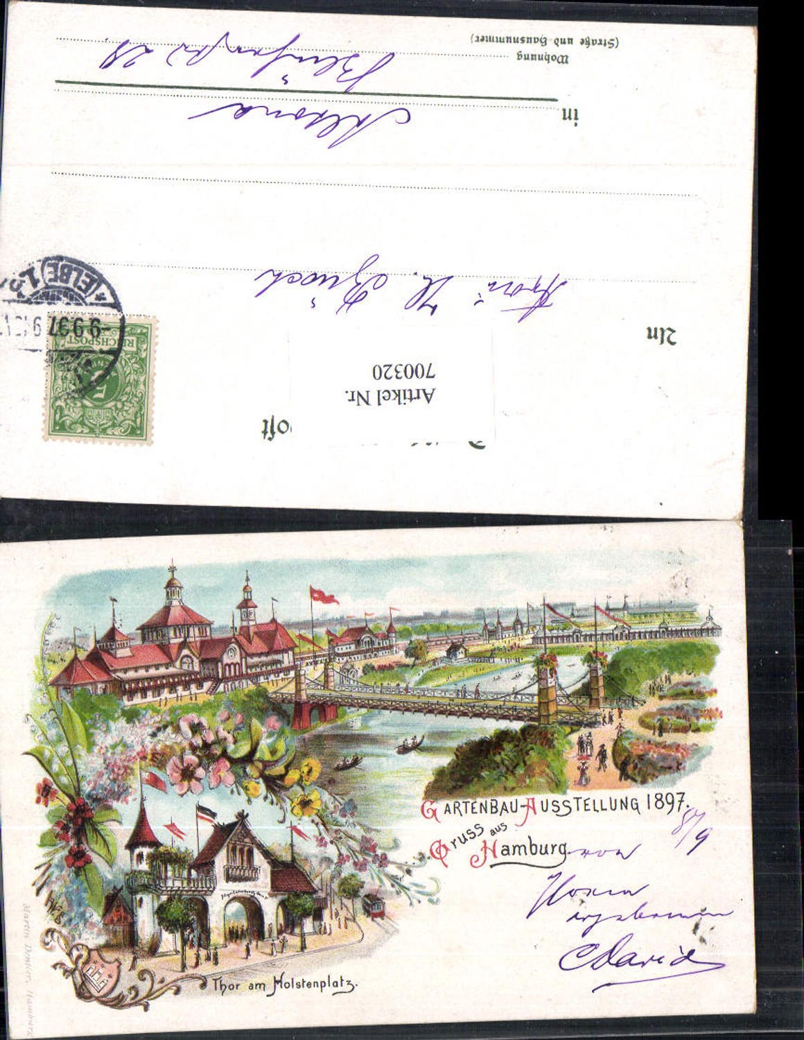 700320 Lithographie Hamburg Gartenbau Ausstellung 1897 Thor am Holstenplatz