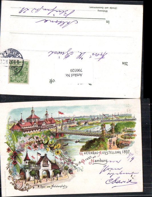 700320 Lithographie Hamburg Gartenbau Ausstellung 1897 Thor am Holstenplatz