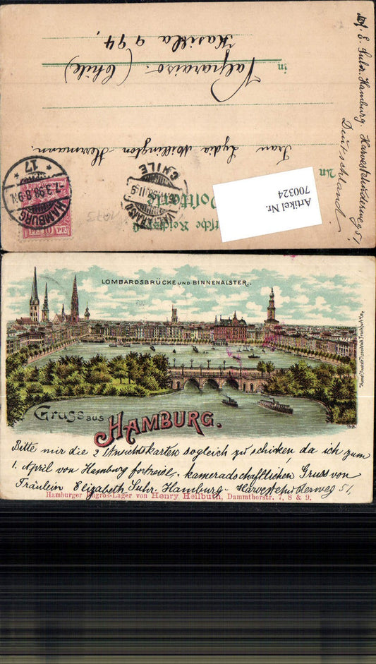 700324 Lithographie Hamburg Lombardsbrücke Binnenalster Valparaiso Chile pub Rosenblatt