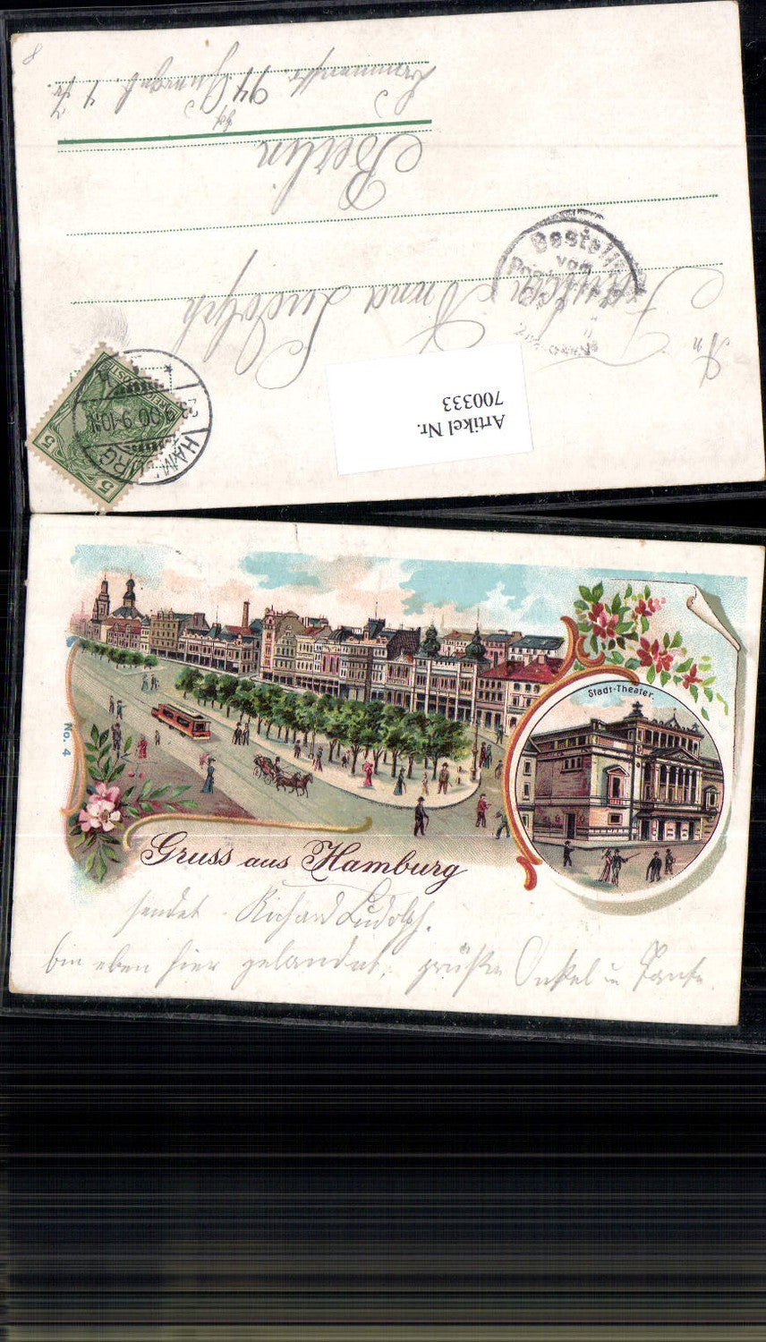 700333 Lithographie Hamburg Stadt Theater Tram Kutsche 1900