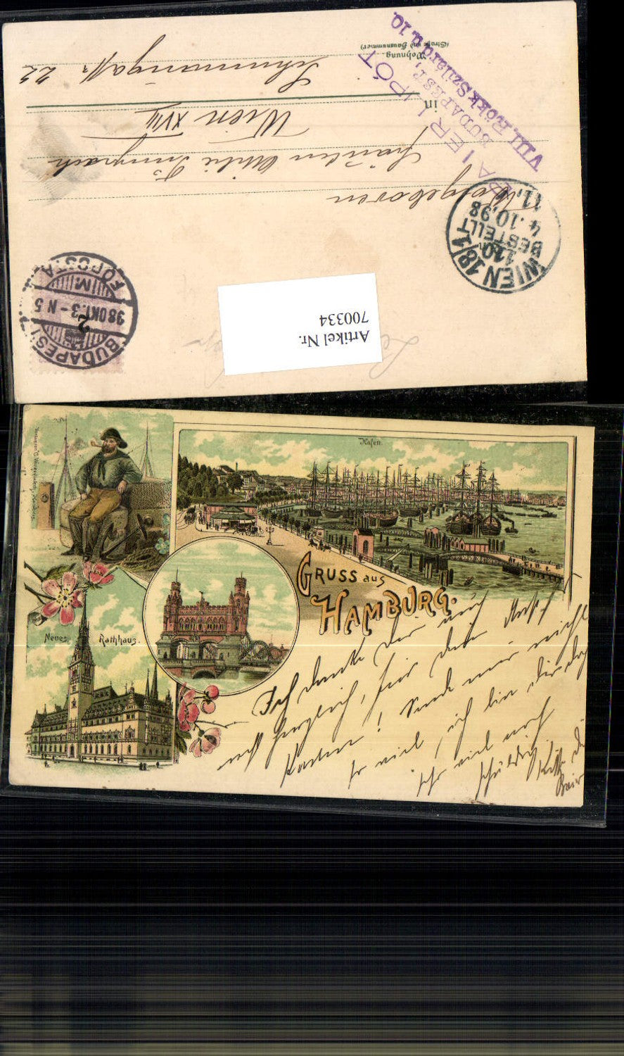 700334 Lithographie Hamburg Neues Rathaus Hafen 1898