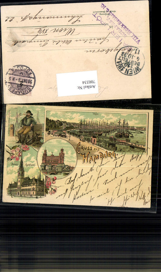 700334 Lithographie Hamburg Neues Rathaus Hafen 1898