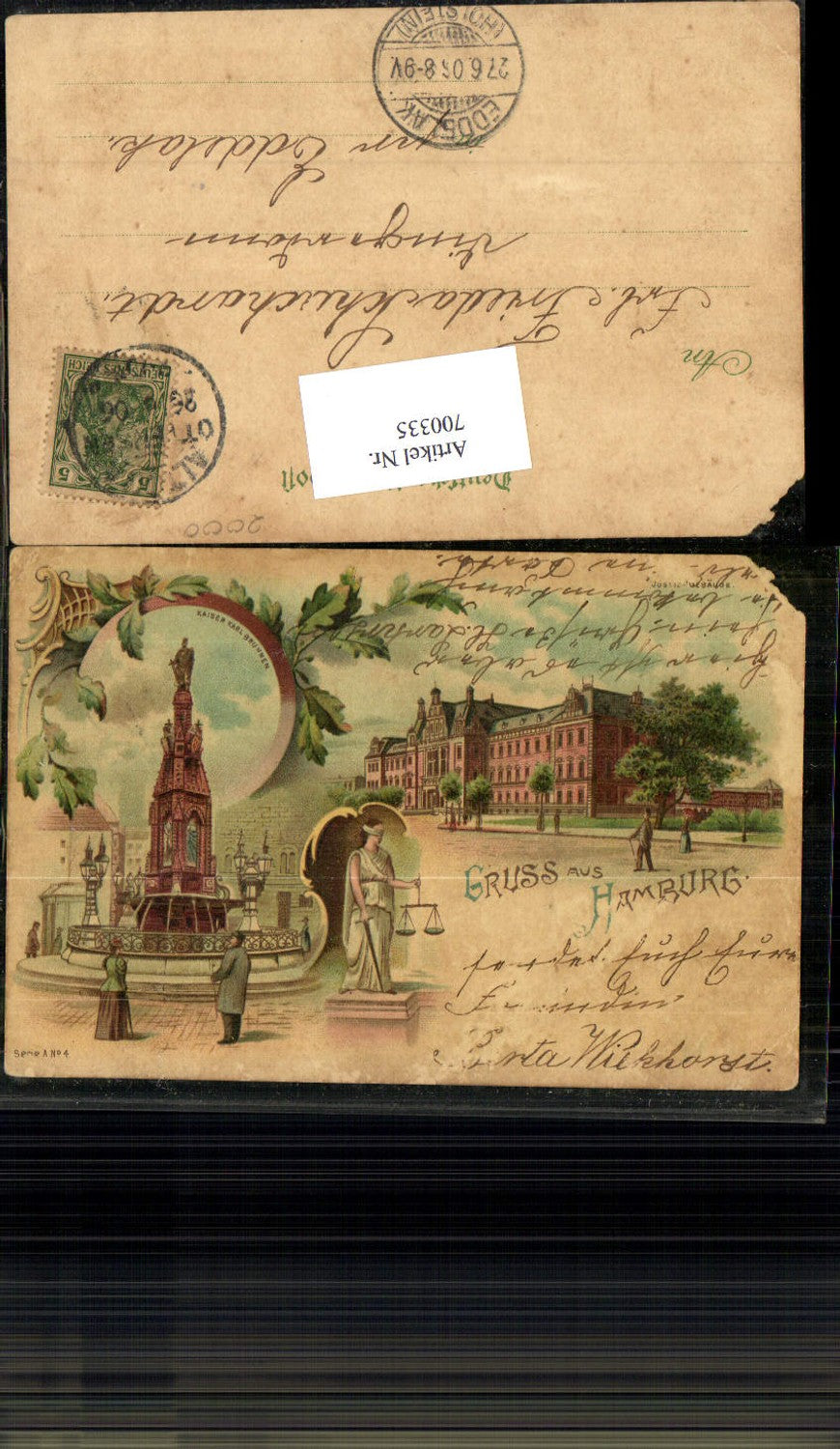 700335 Lithographie Hamburg Kaiser Karl Brunnen Justizgebäude