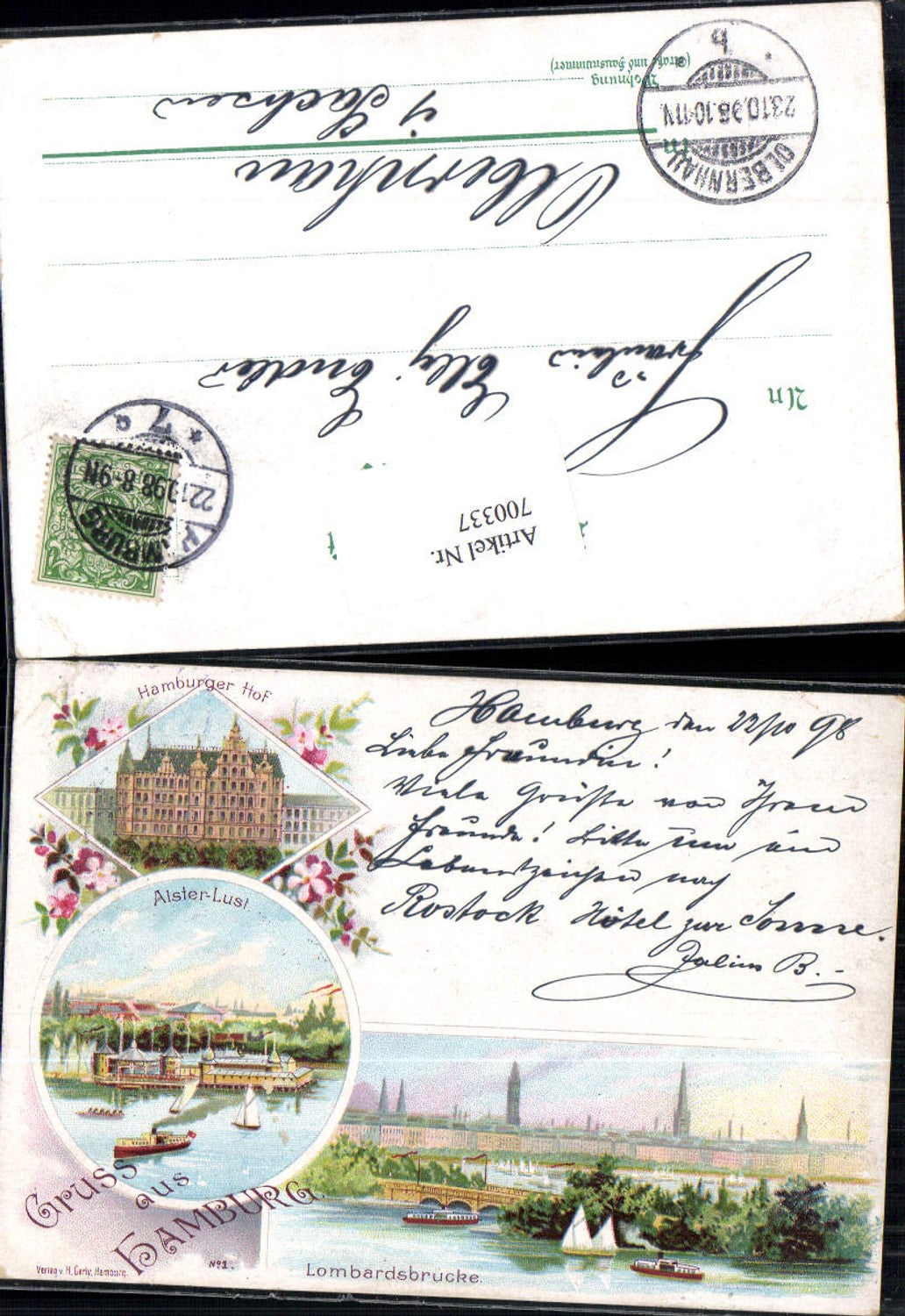 700337 Lithographie Hamburg Alster Lust Hamburger Hof Lombardsbrücke gel Olbernhau