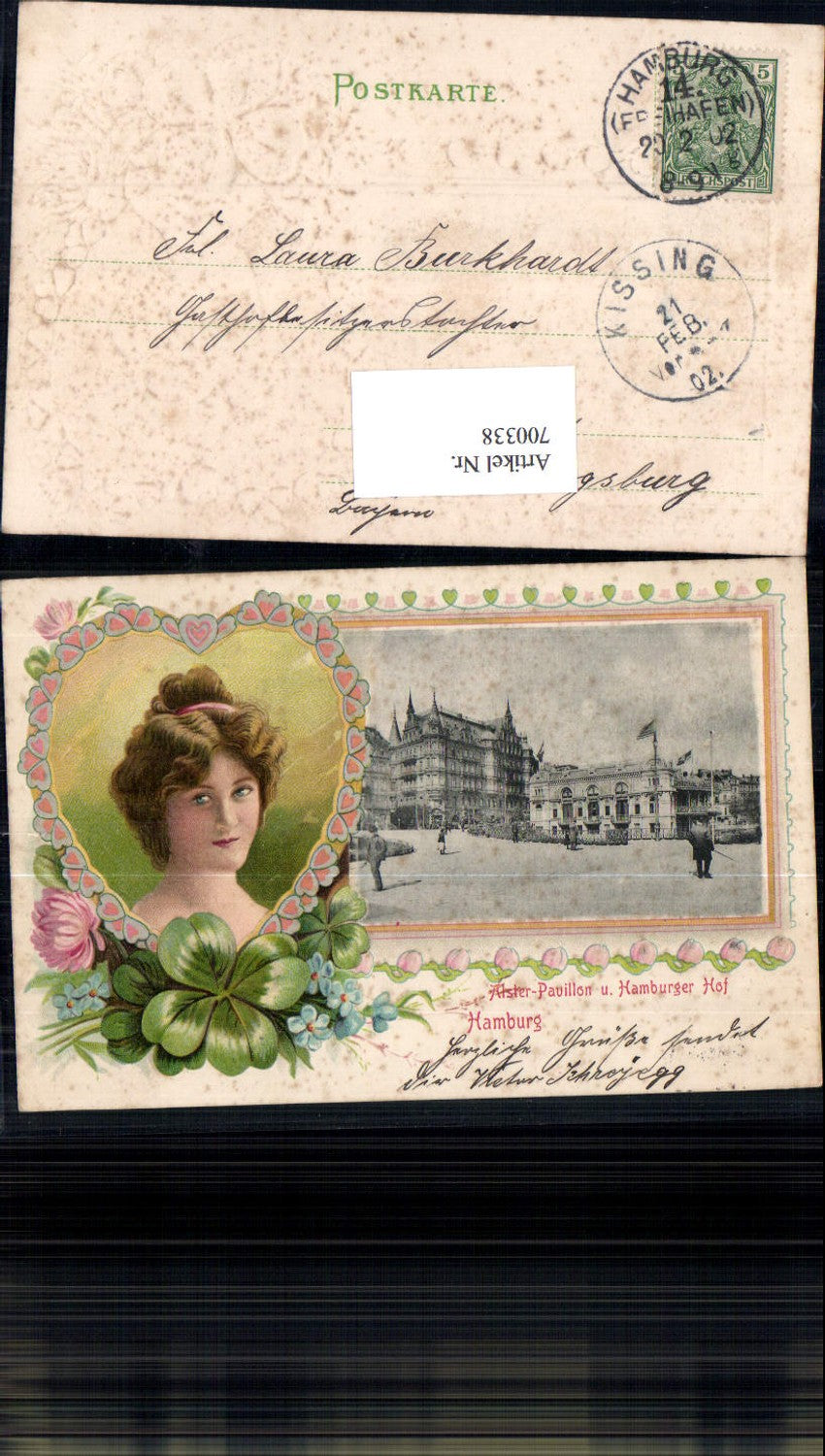 700338 Präge Jugendstil Lithographie Hamburg Alster Pavillon Hamburger Hof Frau Klee