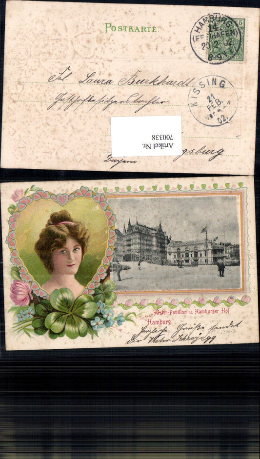 700338 Präge Jugendstil Lithographie Hamburg Alster Pavillon Hamburger Hof Frau Klee