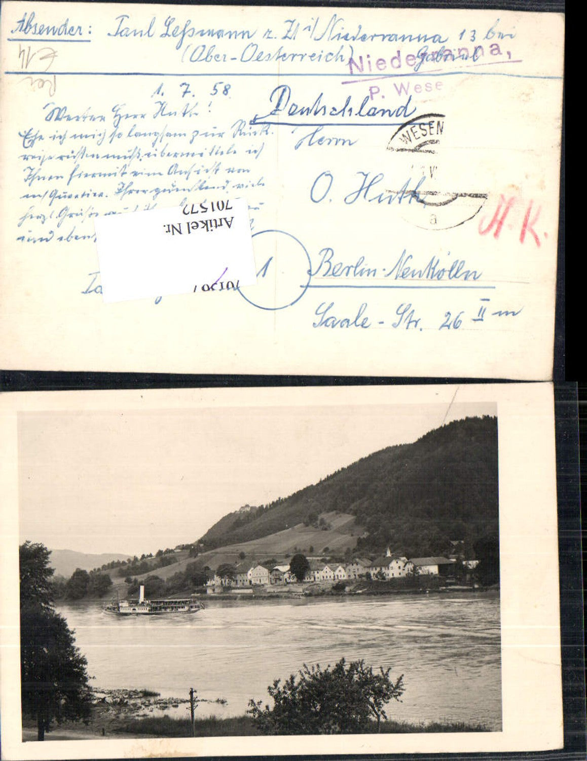 701572 Foto-AK Niederranna Wesenufer an der Donau Dampfer