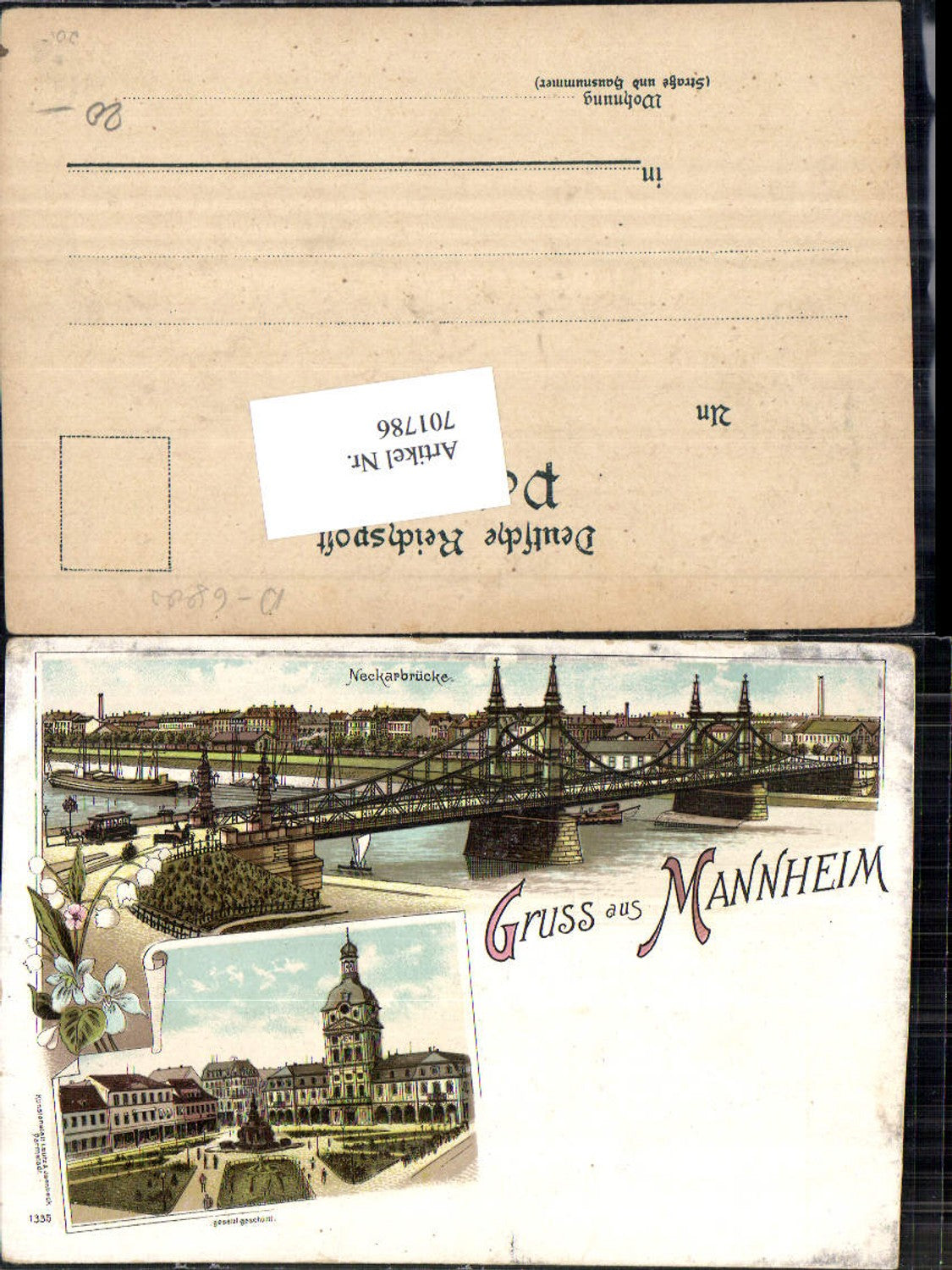 701786 Lithographie Gruss aus Mannheim Brücke pub Lautz & Isenbeck 1335