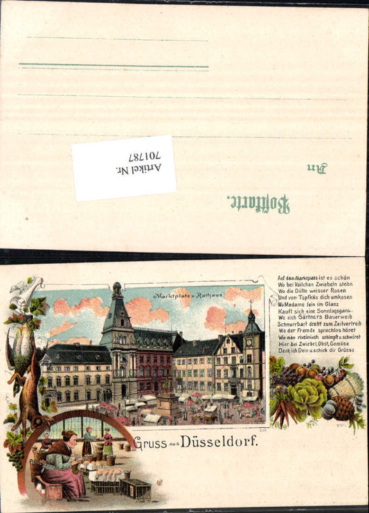 701787 Lithographie Gruss aus Düsseldorf Marktplatz Rathaus Jagd Wild Tiere