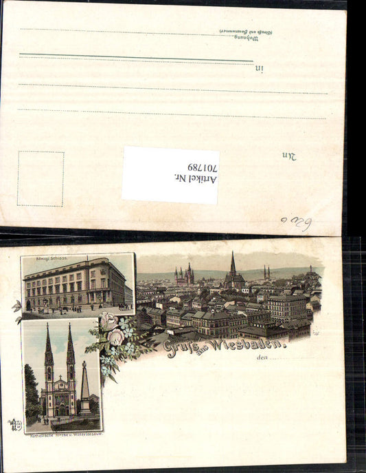 701789 Lithographie Gruss aus Wiesbaden Schloss