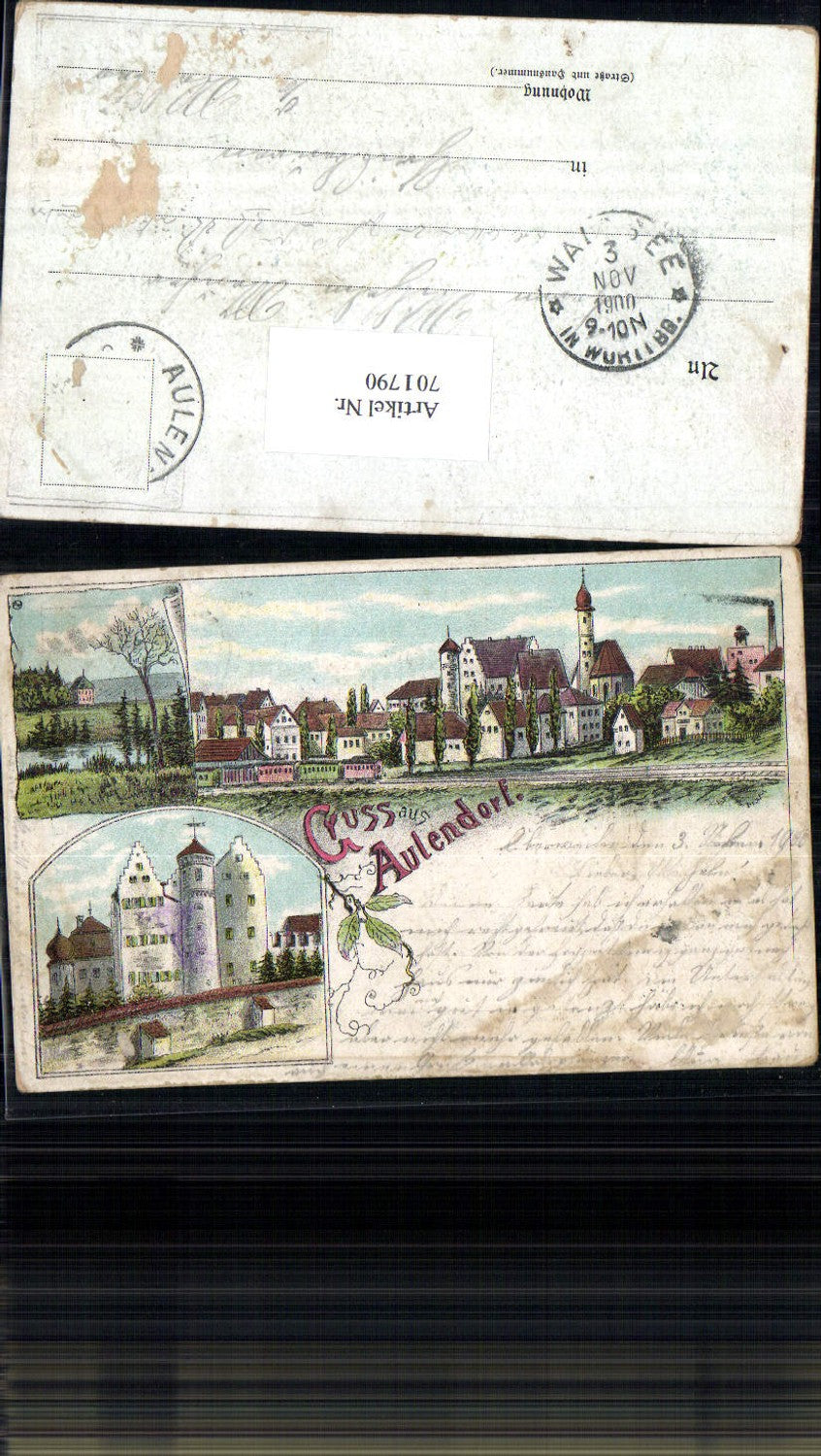 701790 seltene Lithographie Gruss aus Aulendorf b. Ravensburg