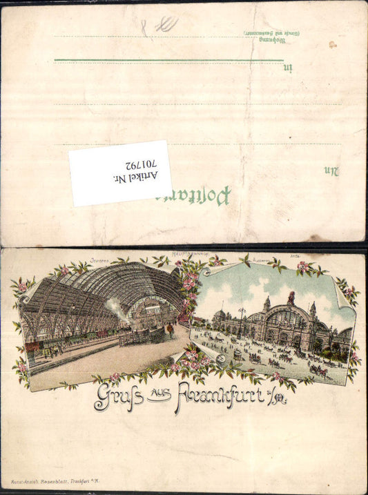 701792 Lithographie Gruss aus Frankfurt am Main Bahnhof