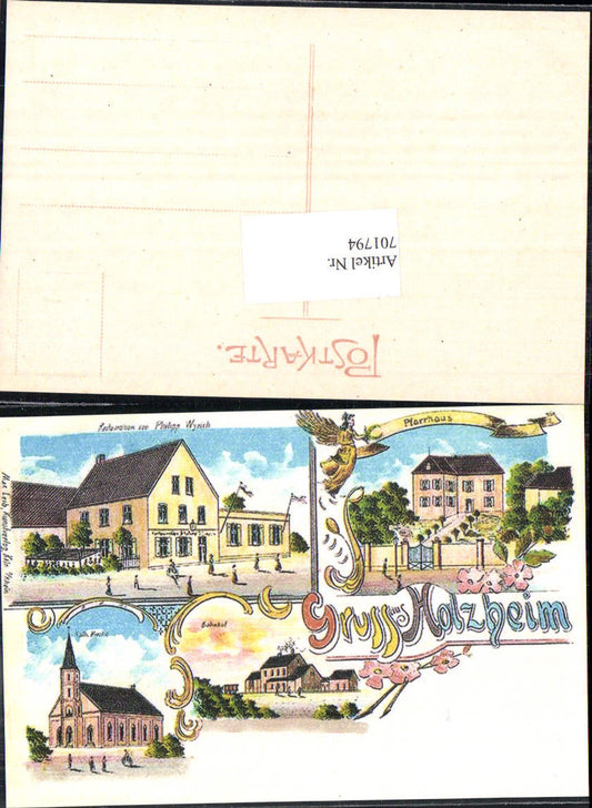 701794 Reproduktion Gruss aus Holzheim Bahnhof Kirche Neuss