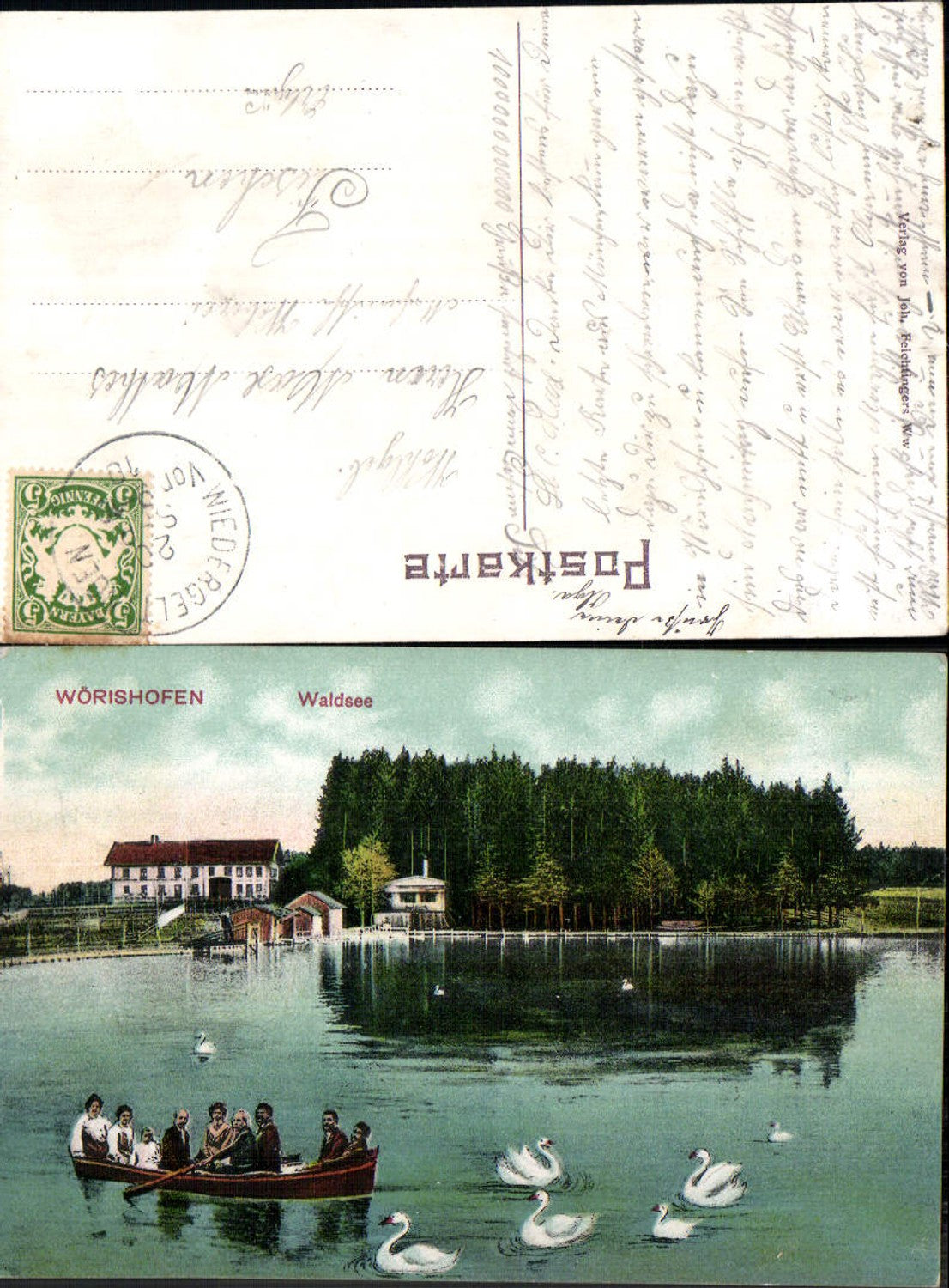 702198 Wörishofen Waldsee Schwäne Boot gel Fischen
