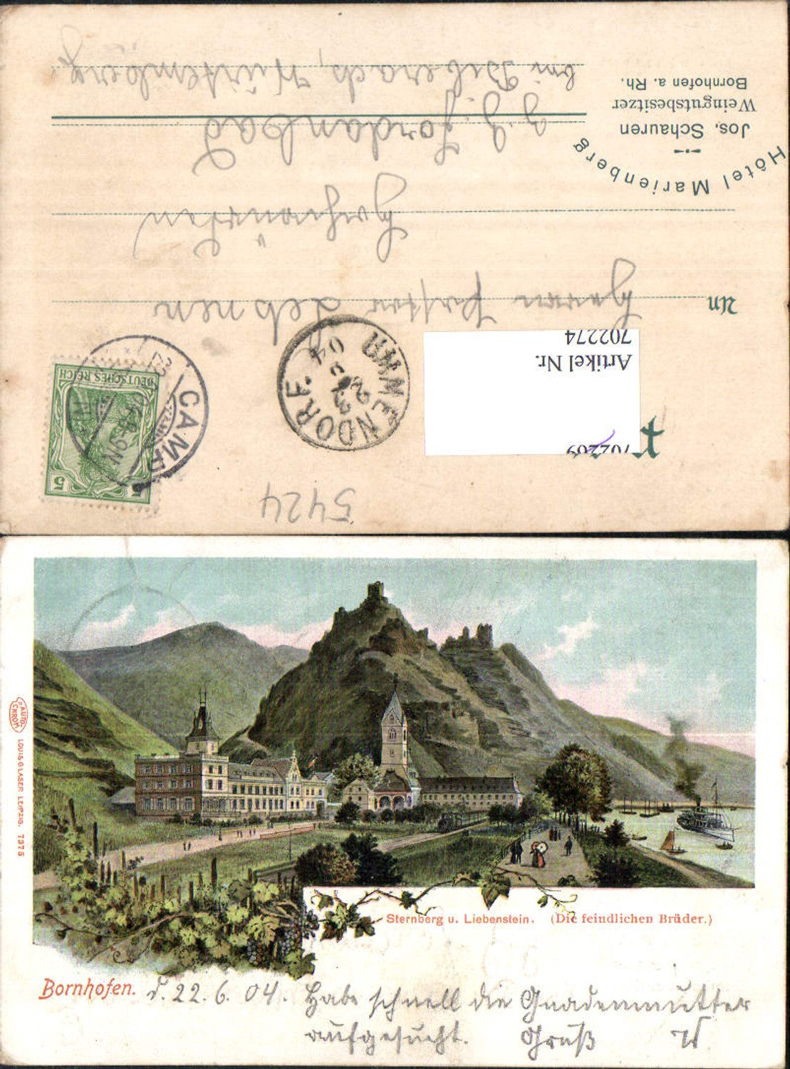 702274 Lithographie Sternberg Liebenstein Bornhofen Kamp Loreley 1904 Lk Limburg pub Louis & Glaser 7375
