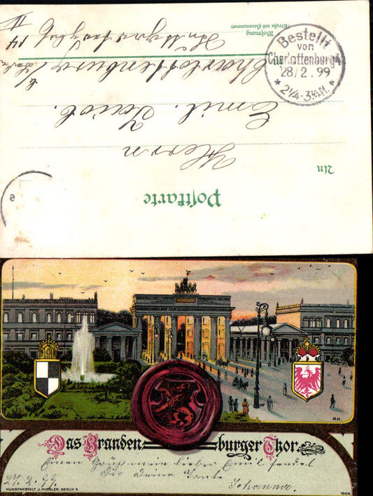 702470 Lithographie Berlin Brandenburger Tor Wappen Siegel Passepartout