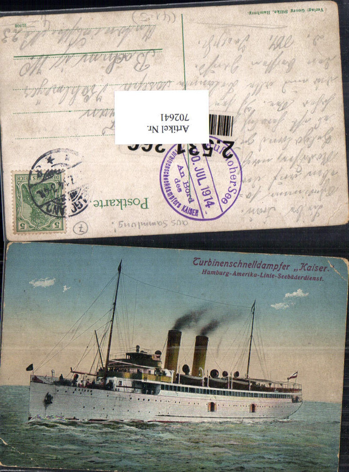 Turbine express steamer Kaiser Hamburg America Line, ship's stamp, at sea 1914