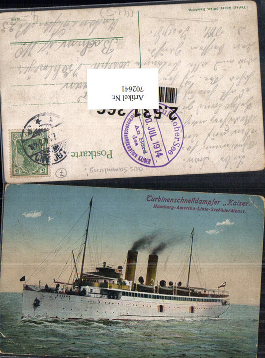 Turbinenschnelldampfer Kaiser Hamburg Amerika Linie Bordstempel Auf hoher See 1914