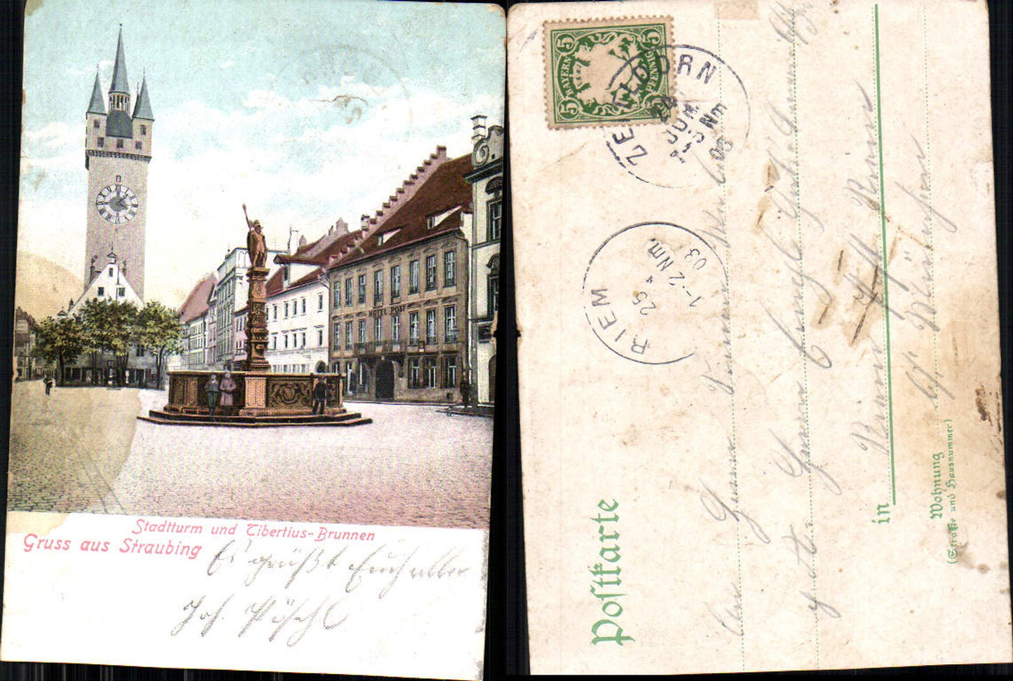 702669 Gruss aus Straubing Stadtturm Tibertius Brunnen