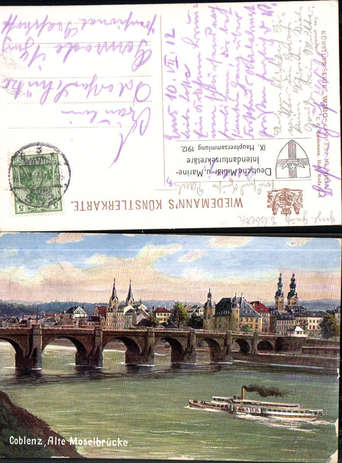 702700 Künstler AK Coblenz Koblenz Moselbrücke Dampfer pub Wiro Künstlerkarte 2123 A