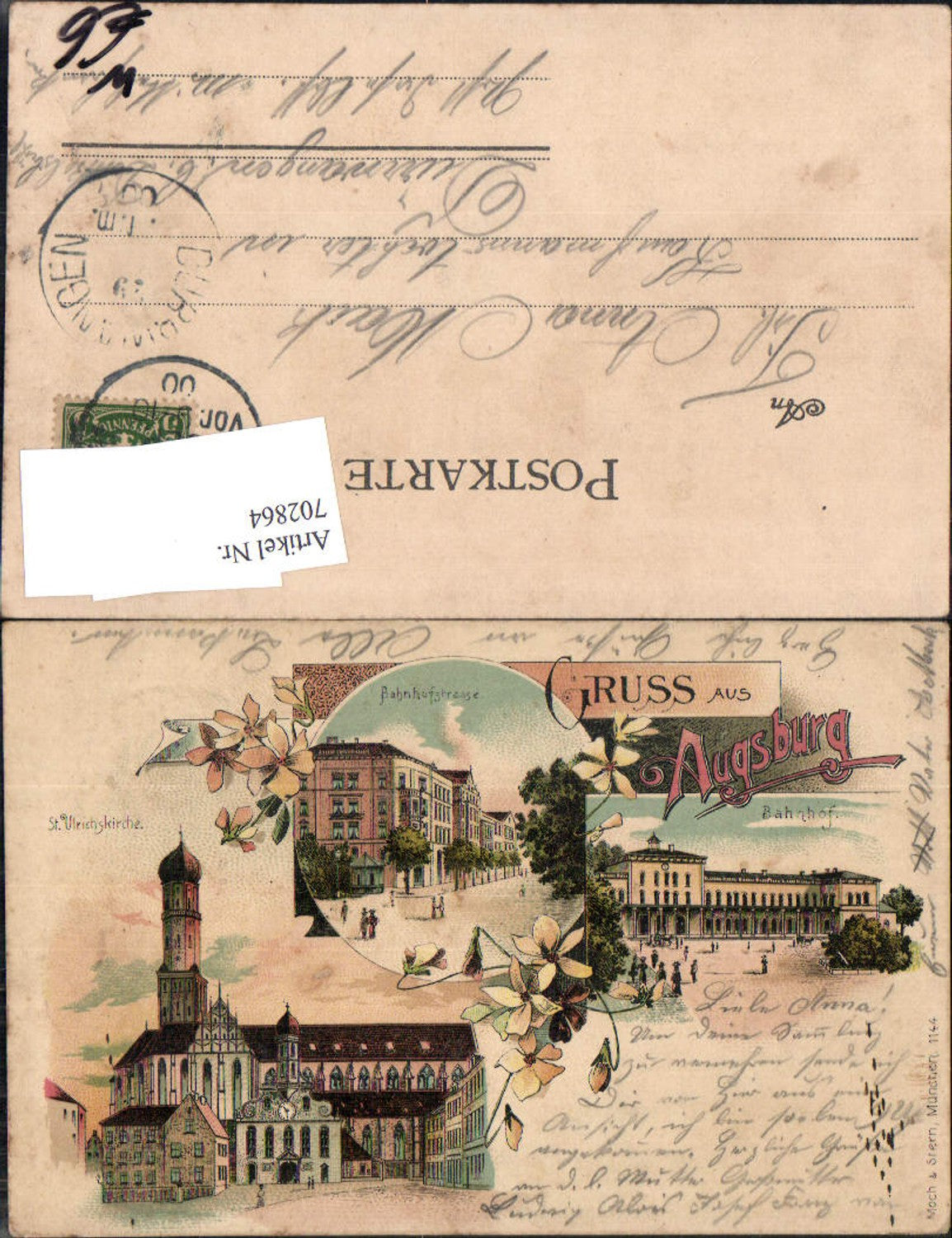 Lithographie Gruss aus Augsburg Bahnhof Bahnhofstraße Ulrichskirche pub Moch & Stern 1144