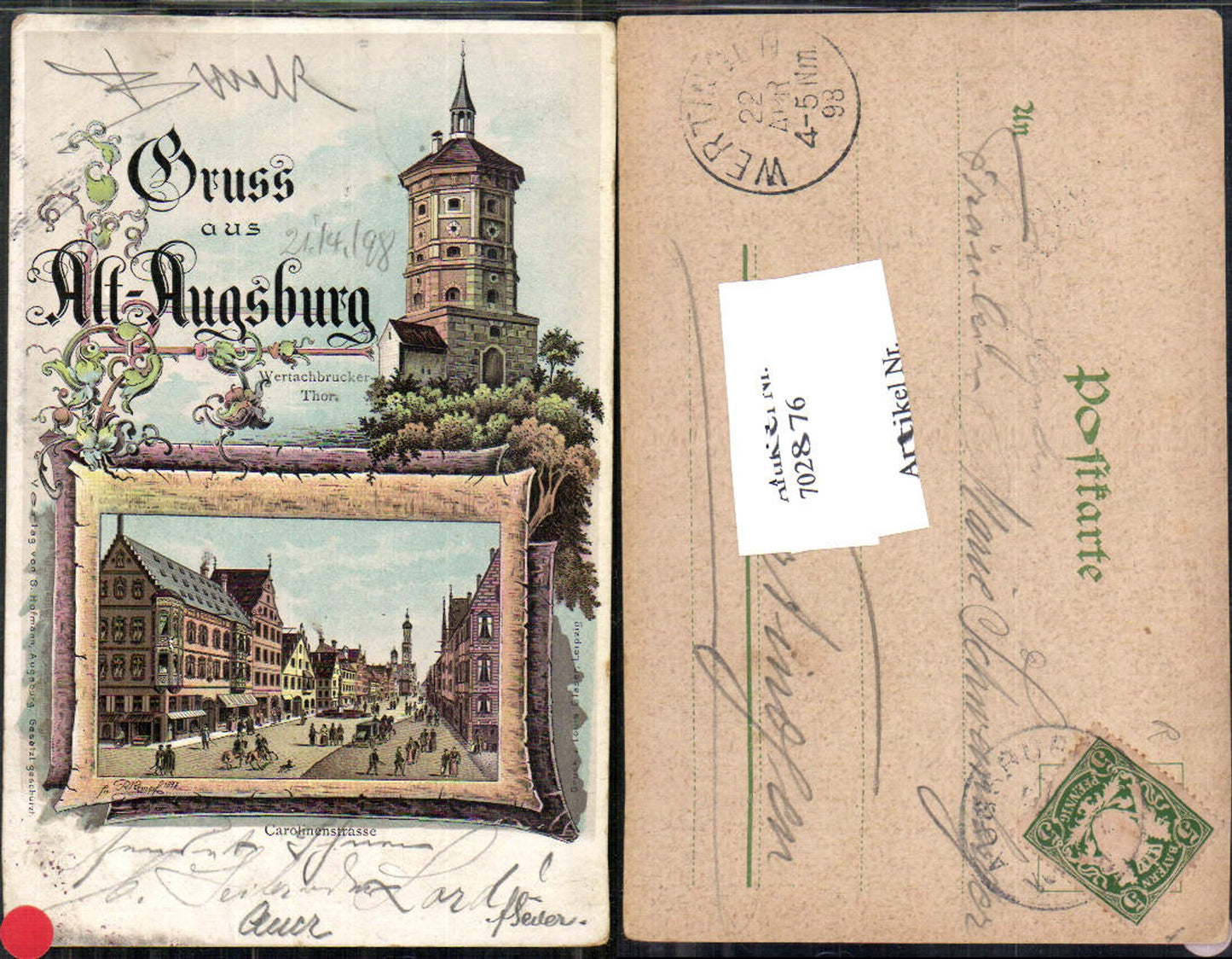 Lithographie Gruss aus Alt-Augsburg Wertachbruckerthor Carolinenstraße pub G. Hofmann