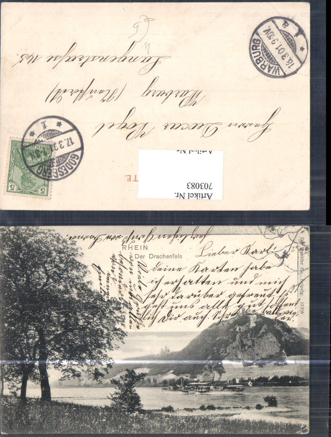 703083 Rhein Drachenfels Dampfer Godesberg Königswinter Bad Honnef Warburg Stp.