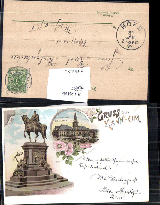703097 Great lithograph Greetings from Mannheim City Hall Kaiser Wilhelm Monument